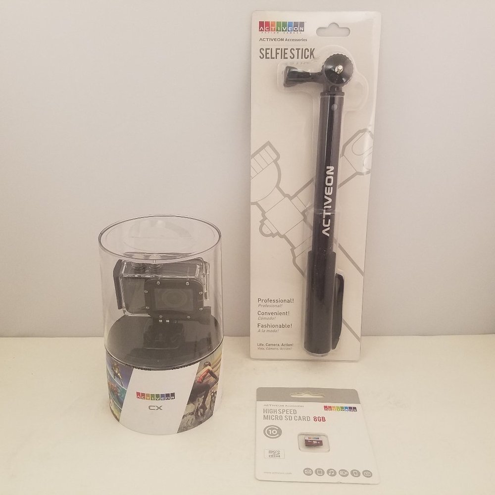 Action Camera Bundle ACTIVEON CX Camera Selfie Stick 8 GB Micro SD Card